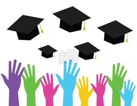 graduation concept, colorful hands, graduate caps, vector illustration