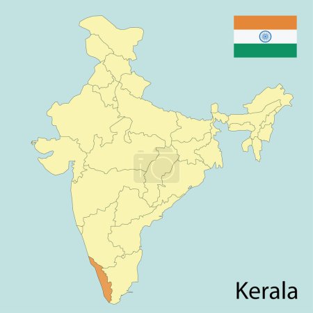 Téléchargez les illustrations : Kerala, carte de l'Inde avec les frontières de l'État - en licence libre de droit