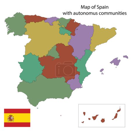 Espagne carte avec communautés autonomes, illustration vectorielle