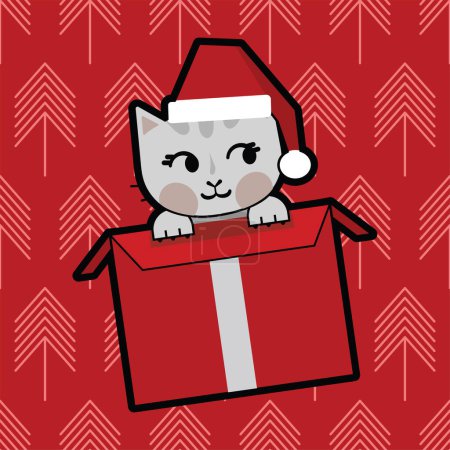 Illustration for Christmas tree pattern and cat in gift box - Royalty Free Image