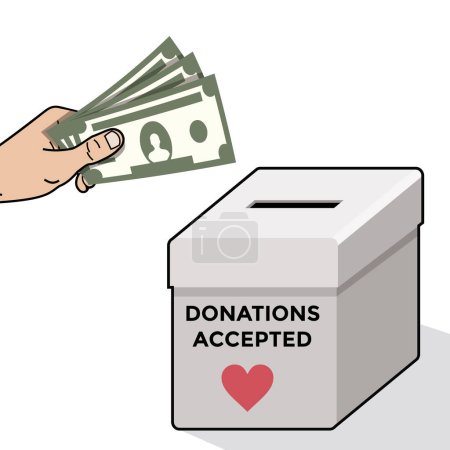 Ilustración de Donations accepted, money contribution, hand holding money, vector illustration - Imagen libre de derechos