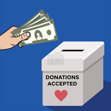 Ilustración de Donations accepted, money contribution, hand holding money, vector illustration - Imagen libre de derechos