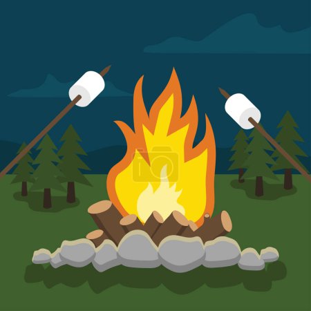 marshmallow, bonefire or campfire in the forest background, vector illustration