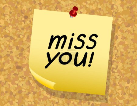 Illustration for Miss you note, cork board, sticker paper, vector illustration - Royalty Free Image
