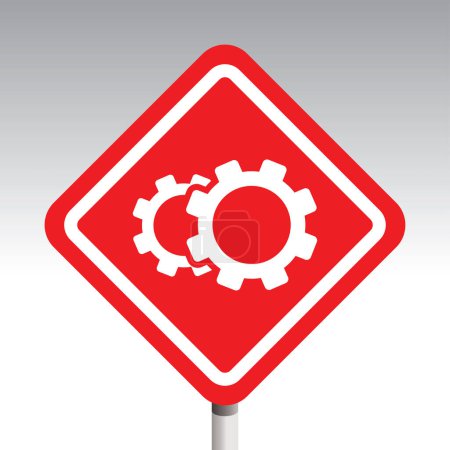 Téléchargez les illustrations : Cogwheel or gear wheel, road sign, red color, vector illustration - en licence libre de droit