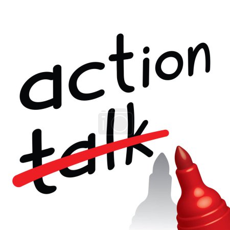 Illustration for More action, less talk concept, red marker pen, vector illustration - Royalty Free Image