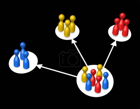 Ilustración de Chart or diagram, pawns in groups, market segmentation, different colors, vector illustration - Imagen libre de derechos