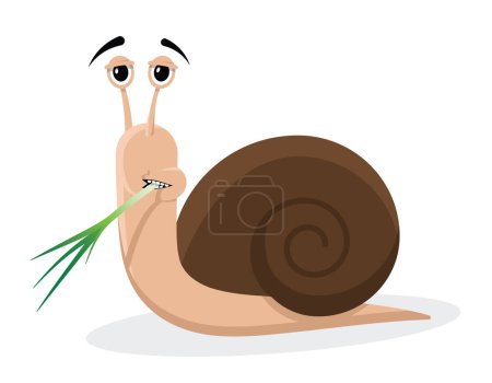 Ilustración de Snail eating scallion or green onions, funny cartoon style, vector illustration - Imagen libre de derechos