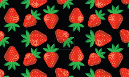 Téléchargez les illustrations : Strawbery fruit seamless pattern, red berries, black background, vector illustration - en licence libre de droit