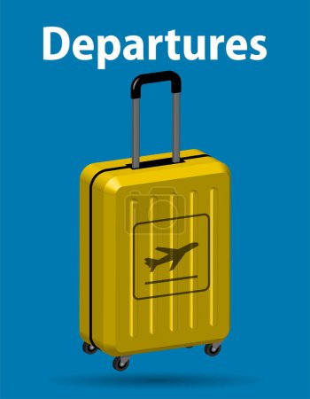 departures, yellow suitcase on blue background