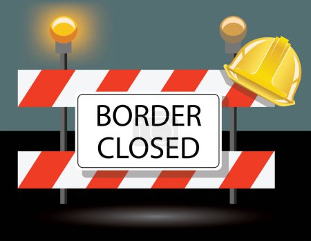 Téléchargez les illustrations : Border closed road sign, yellow safety helmet, vector illustration - en licence libre de droit