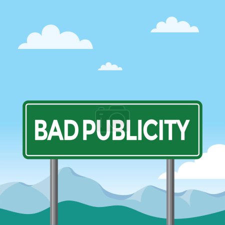 Illustration for Bad publicity road sign, green sign, landscape in background, vector illustration - Royalty Free Image