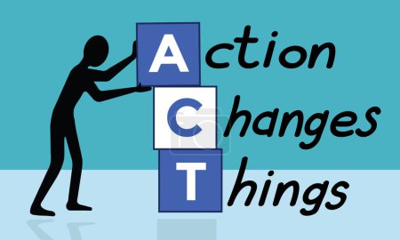 Illustration for Act, action changes things, man making word agm with cubes, vector illustration - Royalty Free Image