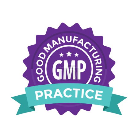 Illustration for Gmp, good manifacturing practice, purple seal blank, blue ribbon, vector illustration - Royalty Free Image