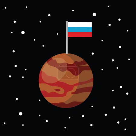 Téléchargez les illustrations : Drapeau russe sur mars, planète orange abstraite en fond noir, illustration vectorielle - en licence libre de droit