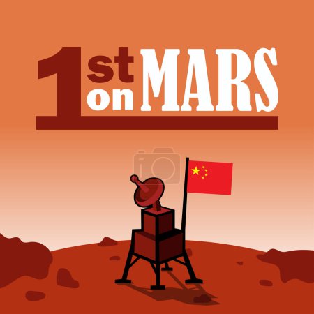 Ilustración de Primero en marte, módulo espacial o nave con bandera china, ilustración vectorial - Imagen libre de derechos
