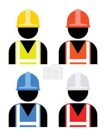 Ilustración de Conjunto de trabajadores de la construcción, con casco y chaleco de seguridad, ilustración vectorial - Imagen libre de derechos