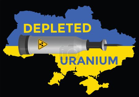 Illustration for Depleted uranim tank shell, ukraine map in flag colors, blue and yellow, vector illustration - Royalty Free Image