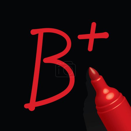 Illustration for B plus grade paper, red pen, vector illustration - Royalty Free Image