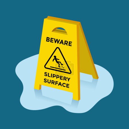 Illustration for Beware of slippery surface board in puddle on blue background - Royalty Free Image