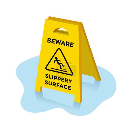 Illustration for Beware of slippery surface board in puddle on white background - Royalty Free Image