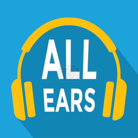 Illustration for Yellow headphones with all ears text - Royalty Free Image