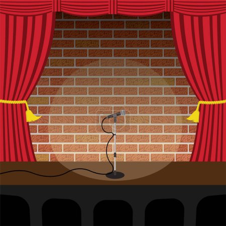 Illustration for Open mic on stage, brick wall and red curtains - Royalty Free Image