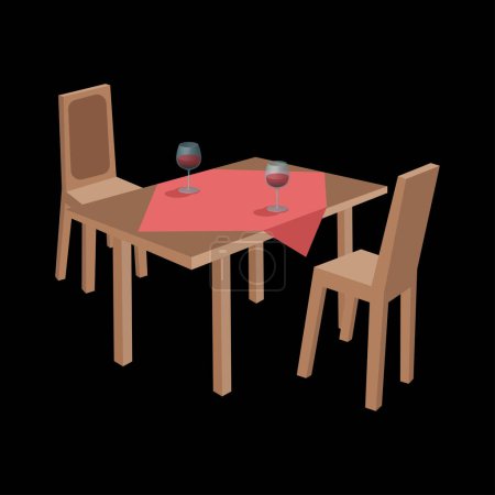 Téléchargez les illustrations : Table à manger, chaises pour deux, verres à vin, illustration vectorielle - en licence libre de droit