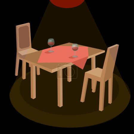 Téléchargez les illustrations : Table à manger, chaises pour deux, verres à vin, illustration vectorielle - en licence libre de droit