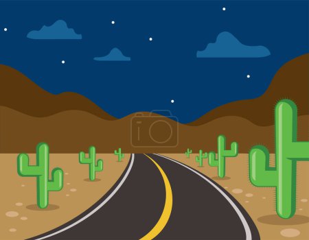 Illustration for Road turn left through cactus desert at night - Royalty Free Image