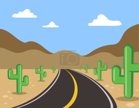 Téléchargez les illustrations : Route tourner à gauche à travers le désert de cactus - en licence libre de droit
