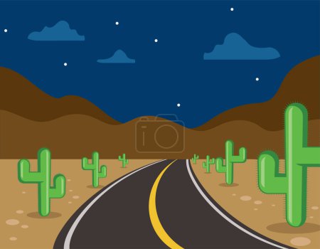 Téléchargez les illustrations : Route tourner à droite à travers le désert de cactus la nuit - en licence libre de droit