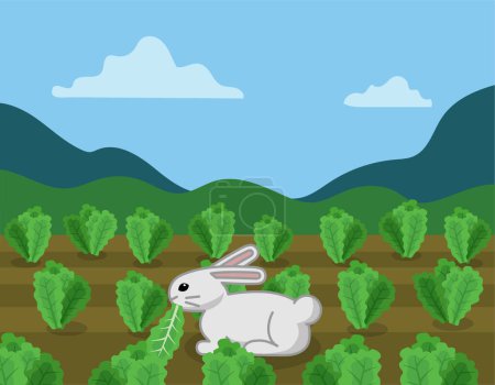 Illustration for Rabbit on field with lettuce - Royalty Free Image