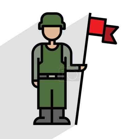 Ilustración de Soldado hombre con icono de la bandera, lineal, vector de ilustración - Imagen libre de derechos