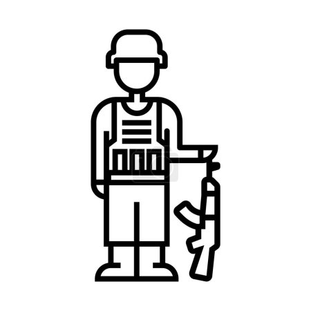 Téléchargez les illustrations : Soldat avec icône de fusil, illustration linéaire, vectorielle - en licence libre de droit
