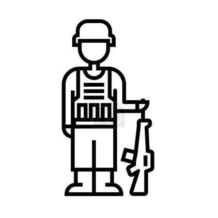 Ilustración de Hombre soldado con icono de rifle, lineal, ilustración vectorial - Imagen libre de derechos