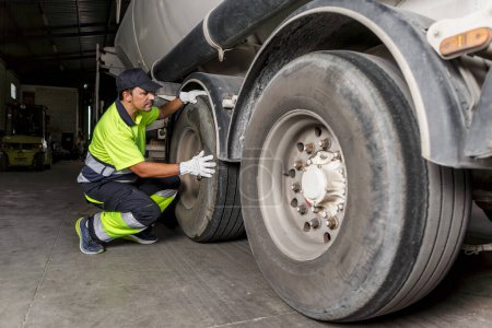 Mechanic dressed in reflective work clothes and cap, crouching checking the wheel of a truck