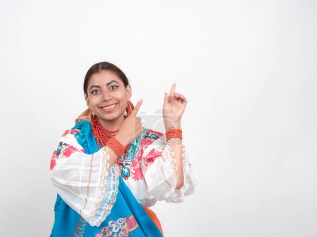 Hispanic Girl Pointing to the Right Side on White Background