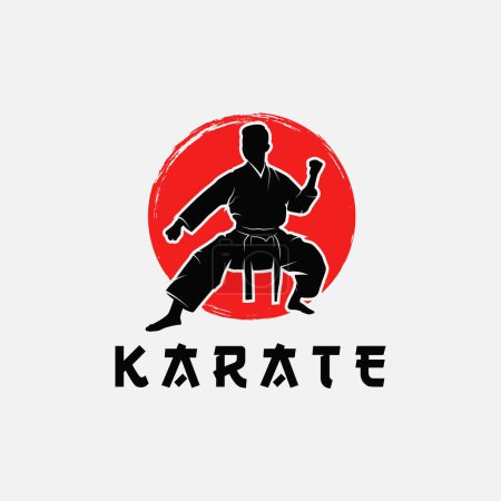 Ilustración de vectores de logotipo de silueta de artes marciales. Palabra extranjera debajo del objeto significa KARATE.
