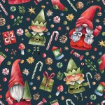 Bright, Christmas pattern with cute characters, gifts, sweets in cartoon style. New Year, Christmas elves and gnomes seamless background. Cheerful, festive texture for wrapping paper, decor.