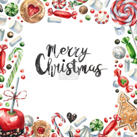 Photo for Frame with traditional Christmas sweets and text Merry Christmas. Candies, lollipops, cookies, gingerbread, caramel - sweets watercolor illustration. - Royalty Free Image