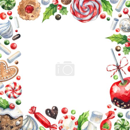 Téléchargez les photos : Cadres de bonbons de Noël. Décoration traditionnelle de dessert de Noël. Bonbons, biscuits, sucettes, pain d'épice, fond caramel pour cartes postales, menus, invitations. - en image libre de droit