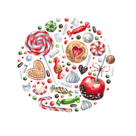 Foto de Traditional, Christmas sweets round watercolor illustration. Cookies, lollipops, gingerbread, candies, apple in caramel holiday sweets background. - Imagen libre de derechos