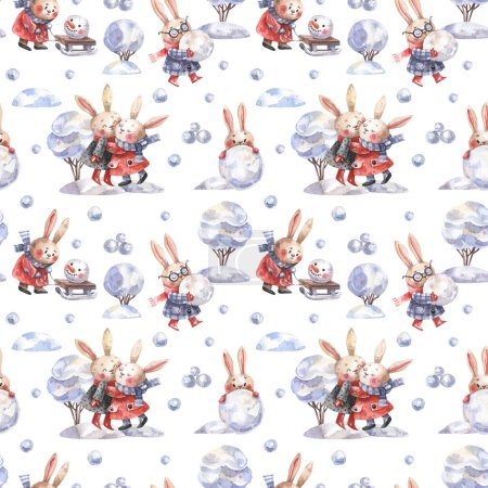 Téléchargez les photos : Cute winter pattern with rabbits, snowmen and snow drawn in cartoon style. Hares making a snowman, hares hugging, playing winter games watercolor illustration. Seamless background. - en image libre de droit