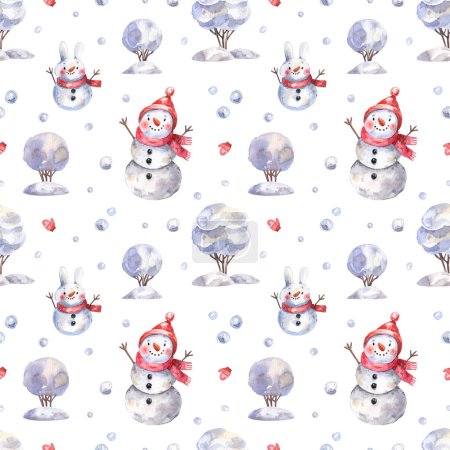 Foto de Watercolor, seamless pattern with snowmen and snowballs in cartoon style. Winter background with cute characters in cartoon style. Watercolor illustration. - Imagen libre de derechos
