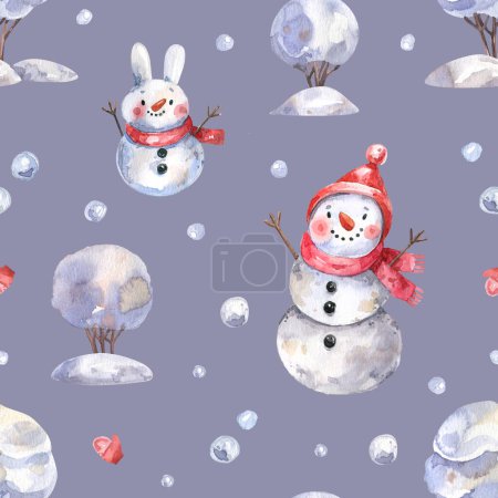 Foto de Watercolor, seamless pattern with snowmen in cartoon style. Winter background with watercolor illustrations. Snowman hare, snowman in red hat seamless pattern. - Imagen libre de derechos