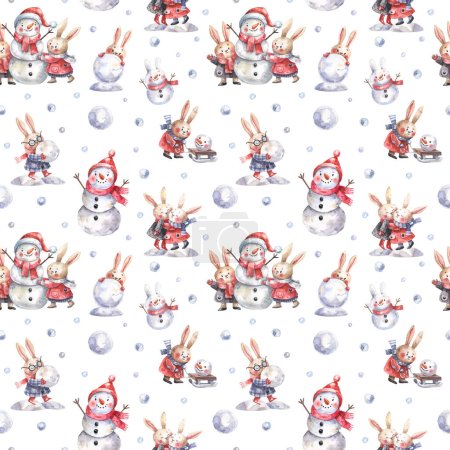 Téléchargez les photos : New Year, Christmas seamless pattern with cute rabbits, snowmen, snowballs and winter fun in cartoon style. Christmas background for wrapping paper, textiles, decor. - en image libre de droit