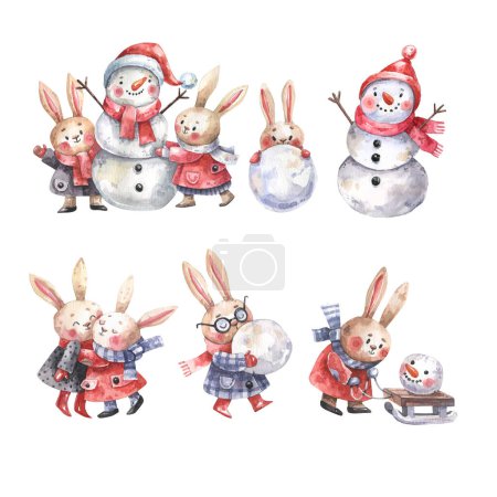 Téléchargez les photos : Set of cute, cartoon characters painted in watercolor. Snowmen, hares are making a snowman, hares are hugging, a hare with a snowball. Watercolor illustrations - en image libre de droit