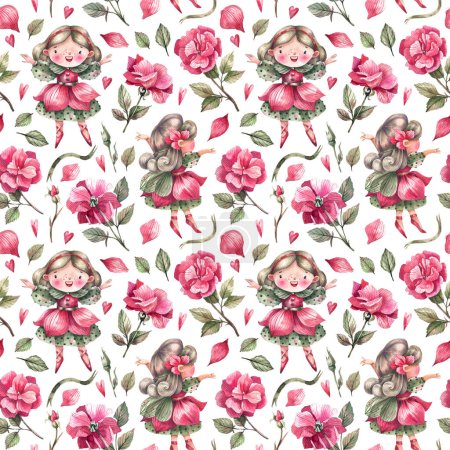 Foto de Fabulous flower fairies, rose flowers watercolor seamless pattern on white background. Rose princess cartoon background for textiles, fabrics, wallpapers. - Imagen libre de derechos