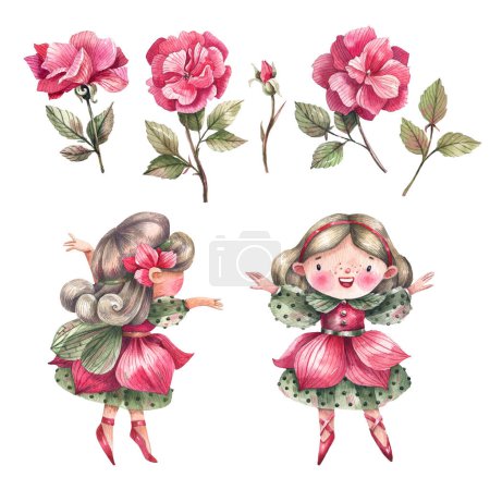 Cute flower fairies, rose flowers watercolor illustration isolated on white background. Cartoon style cute characters and flowers kids illustration. Rose Princess.